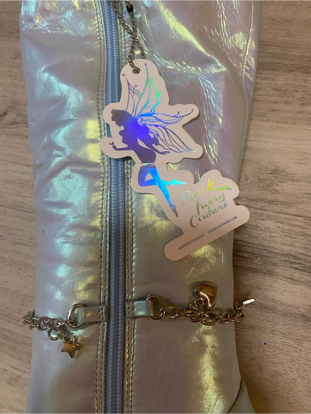 Sparkl Fairy Couture Iridescent Knee-High Platform Boots with Heart Chain- NWT